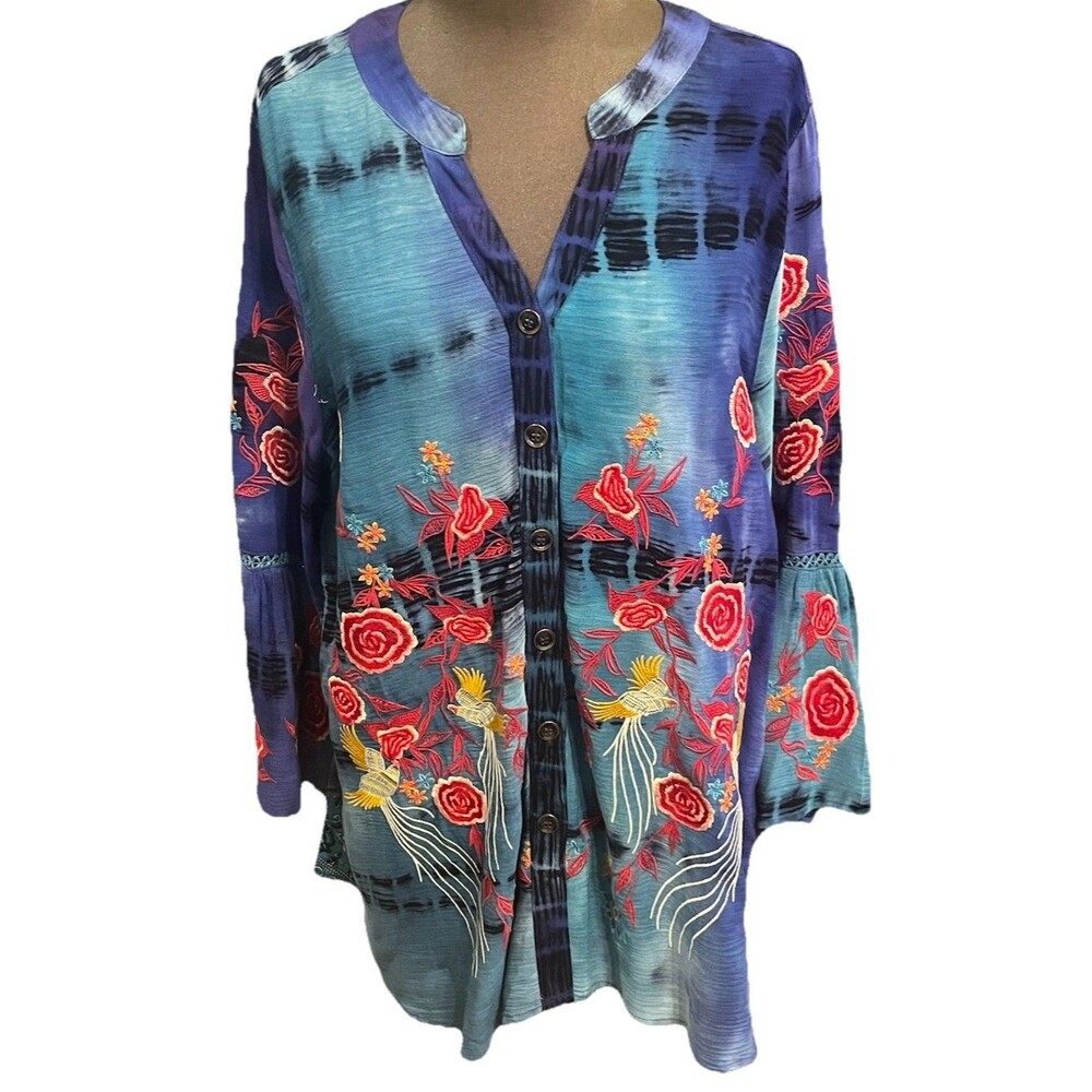 Caleooa Women’s Top L Embroidery Multicolored Flare Sleeve Button Up Lightweight